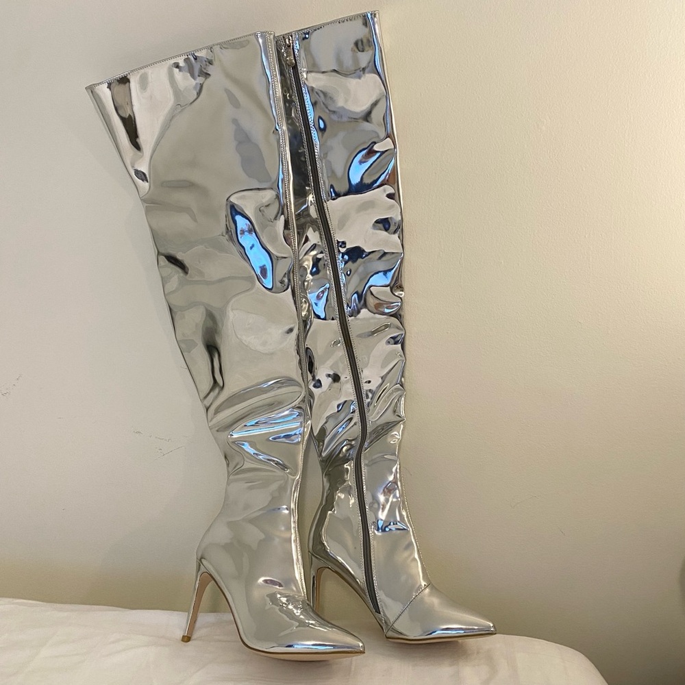Cape Robbin Space Oddity Silver Thigh-High Boots